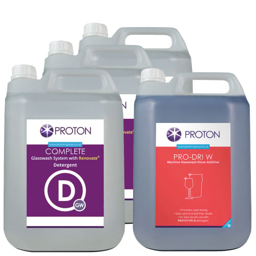 Proton Complete Glasswash Detergent with Renovate 3x 5 Litre & Rinse Aid Starter Pack