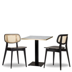 Gordona Rattan Side Chair x2 With 700mm Square White Carrara Gold ABS Table & Titan Base