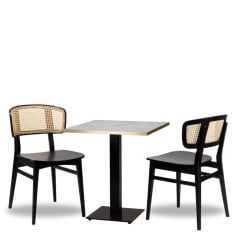 Sophia Rattan Side Chair x2 With 700mm Square White Carrara Gold ABS Table & Titan Base