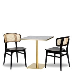 Sophia Rattan Side Chair x2 With 700mm Square White Carrara Gold ABS Table & Midas Base