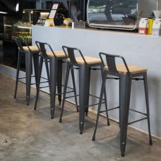 Bolero Bistro High Stool with Backrest Gun Metal & Wooden Seat Pad (Pack of 4)