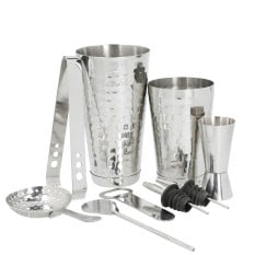 BarCraft Stainless Steel Boston Cocktail Set Hammered Finish 8 Pieces