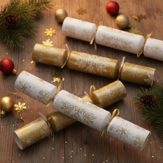 10" Snowflake Gold/White Mixed Box Christmas Crackers with Quiz (Pack of 100)