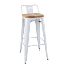 Bolero Bistro High Stool with Backrest White & Wooden Seat Pad (Pack of 4)