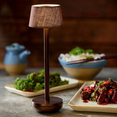 Churchill Humble Air Table Light Bronze with Brown Linen Shade