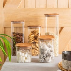 Square Glass Storage Jars with Wooden Lid 1.9 Litre (Pack of 6)