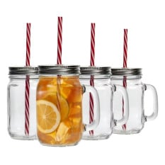 Jam Jar Drinking Glass with Lids and Straws 450ml (Pack of 24)