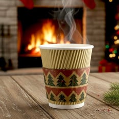 Disposable Paper Cups Ripple Walled Kraft 8oz With Christmas Sleeves (Pack of 500)